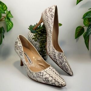 Manolo Blahnik Grey & White Reptile Python Leather Pointy Toe Vintage 39 / 8.5
